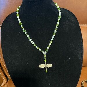 Green and Pearls Beaded Necklace with Dragonfly Pendant